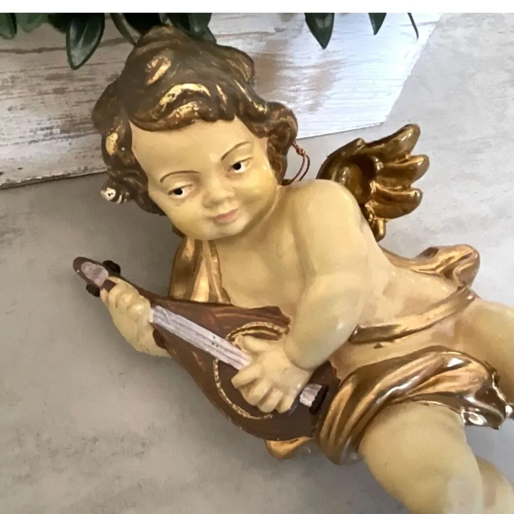 Gorgeous vintage cherub playing lute; cream and gold Paris Chic Hollywood Glam